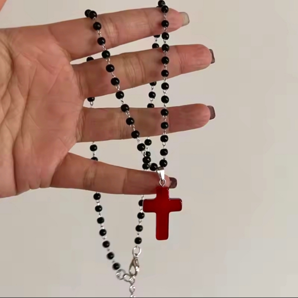 Black beaded red cross necklace